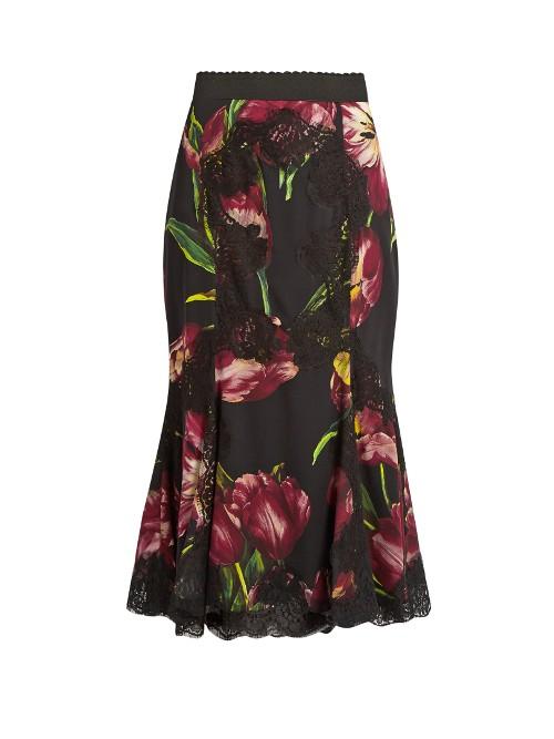 Dolce & Gabbana Tulip-print Lace-panelled Silk-blend Skirt