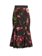 Dolce & Gabbana Tulip-print Lace-panelled Silk-blend Skirt