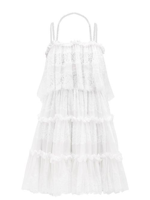 Dolce & Gabbana - Lace-trim Ruffled Silk-blend Chiffon Dress - Womens - White