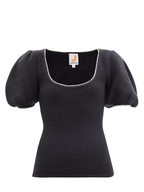 Matchesfashion.com Joostricot - Pearl-trim Puff-sleeve Merino Wool-blend Top - Womens - Black