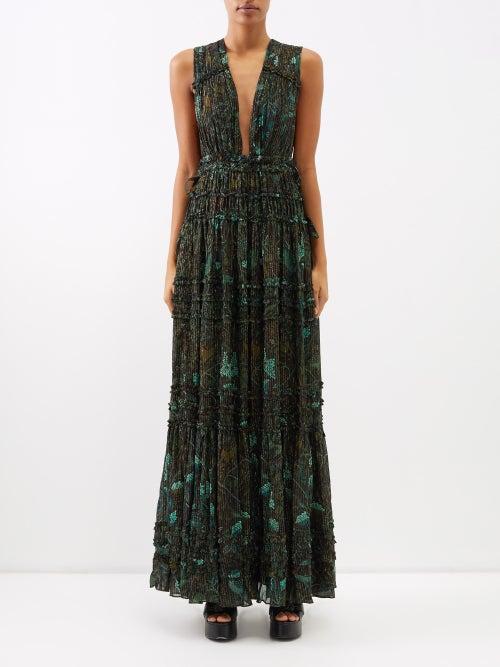 Ulla Johnson - Fiona Leaf-print Cotton-blend Chiffon Dress - Womens - Dark Green