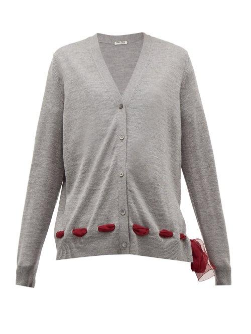 Matchesfashion.com Miu Miu - Chiffon Trim Wool Cardigan - Womens - Grey
