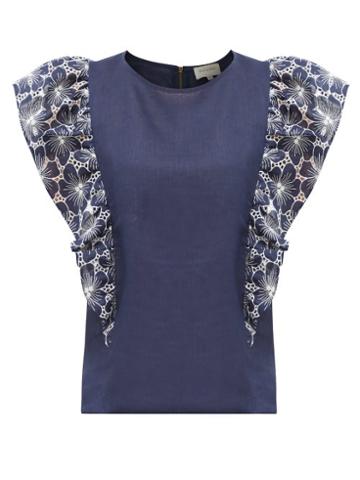 Matchesfashion.com Zeus + Dione - Stoa Floral-embroidered Ruffled Top - Womens - Navy