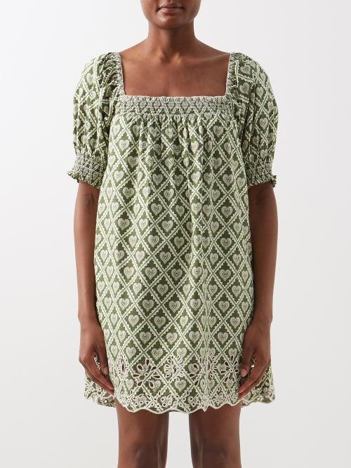 Rhode - Evie Geometric-print Cotton-poplin Mini Dress - Womens - Green Print