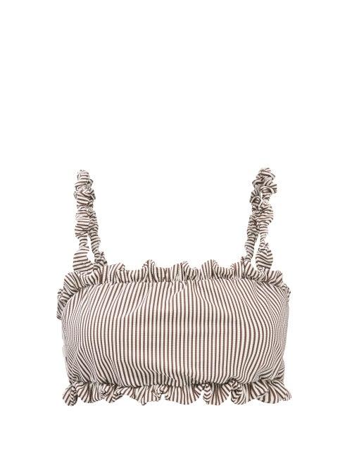 Ganni - Ruffle-trim Striped Bandeau Bikini Top - Womens - White Stripe