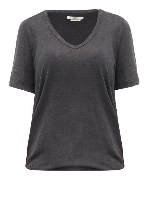 Matchesfashion.com Isabel Marant Toile - Kranger V Neck Linen Jersey T Shirt - Womens - Dark Grey