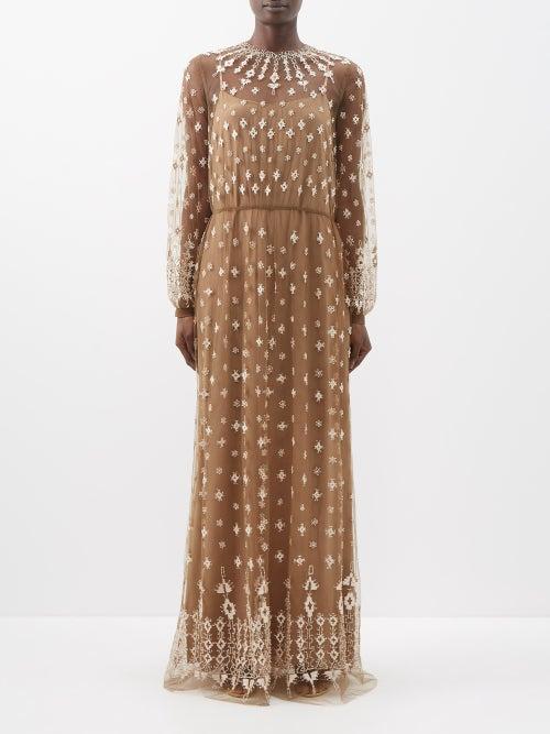 Biyan - Ittena Beaded And Embroidered Tulle Gown - Womens - Bronze