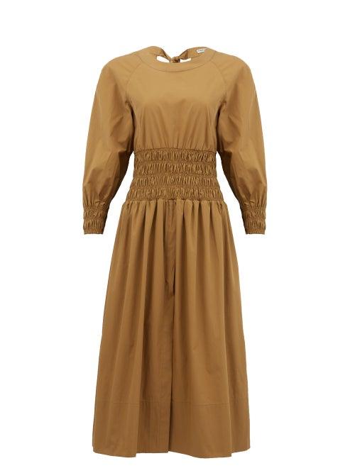 Matchesfashion.com Three Graces London - Arianna Smocked Cotton-poplin Midi Dress - Womens - Brown