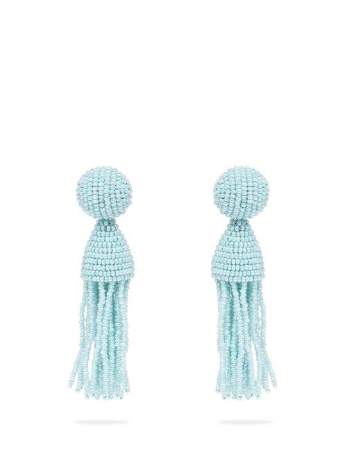 Matchesfashion.com Oscar De La Renta - Bead Embellished Tassel Drop Earrings - Womens - Light Blue
