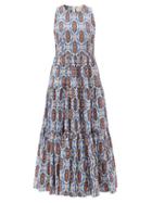 Matchesfashion.com La Doublej - Big Amalfi-print Tiered Cotton-poplin Dress - Womens - Blue Multi