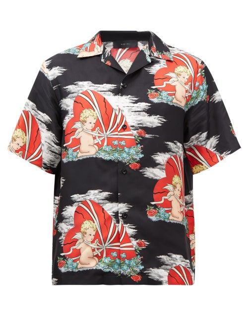 Amiri - Cherub-print Silk Bowling Shirt - Mens - Black Multi