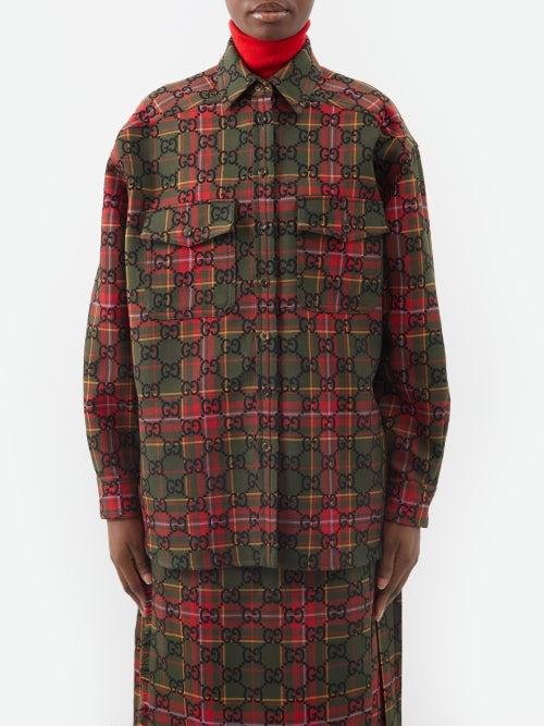 Gucci - Gg-embroidered Tartan Wool-blend Jacket - Womens - Green Red