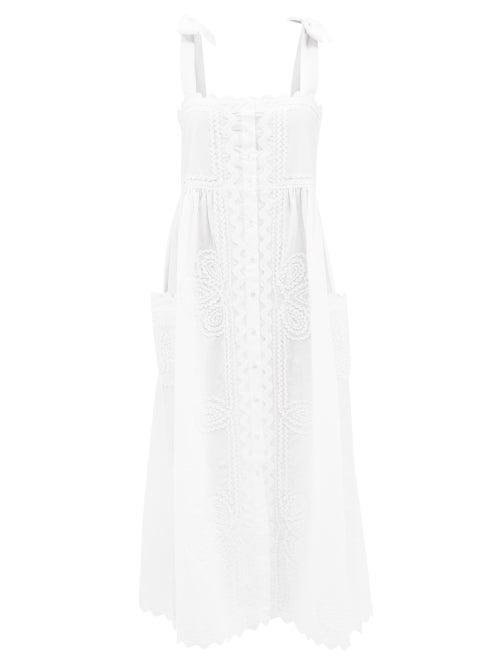Juliet Dunn - Tie-shoulder Rickrack-trimmed Cotton Midi Dress - Womens - White