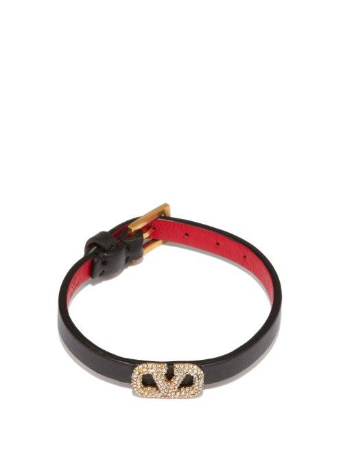 Matchesfashion.com Valentino Garavani - V-logo Crystal-embellished Leather Bracelet - Womens - Black Multi