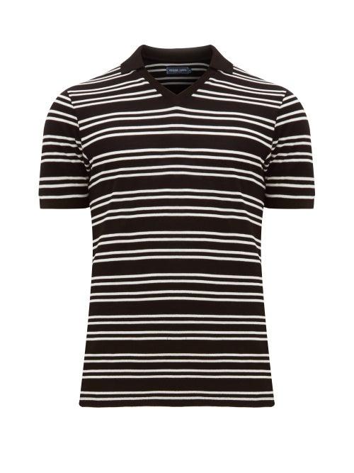 Matchesfashion.com Frescobol Carioca - V Neck Striped Cotton Piqu Polo Shirt - Mens - Black White