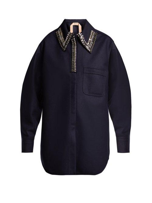 Matchesfashion.com No. 21 - Crystal Embellished Wool Blend Shirt Jacket - Womens - Navy