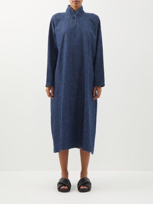Eskandar - High-neck Denim Midi Dress - Womens - Dark Blue