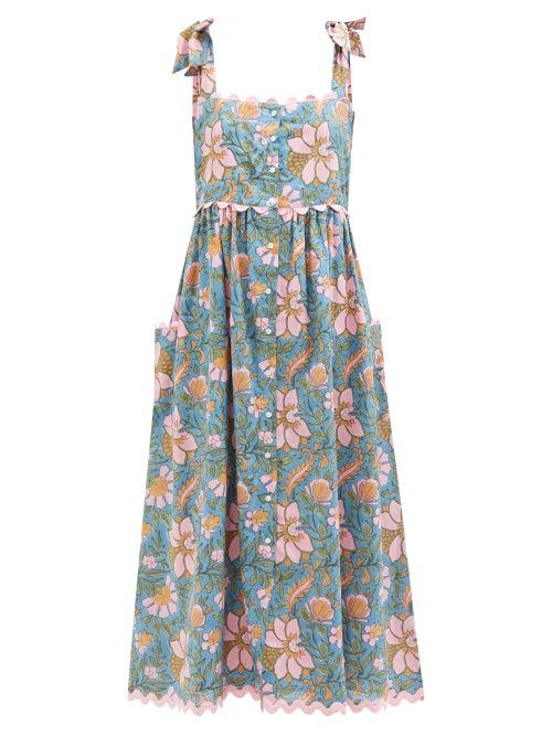 Juliet Dunn - Rickrack Trim Floral-print Cotton-poplin Dress - Womens - Blue Multi