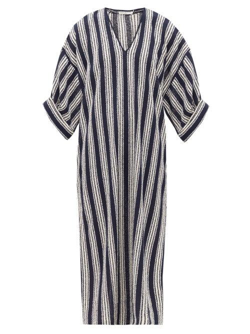 Matchesfashion.com Three Graces London - Livietta Striped Open-weave Cotton-blend Kaftan - Womens - Navy Stripe