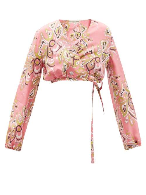 Emilio Pucci - Psychedelic-print Silk-satin Cropped Wrap Blouse - Womens - Pink Print