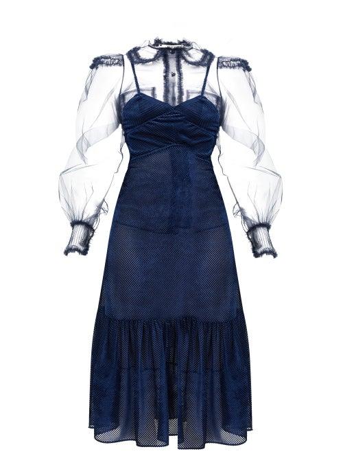 Matchesfashion.com Fendi - Balloon-sleeve Tulle And Devor-velvet Dress - Womens - Blue