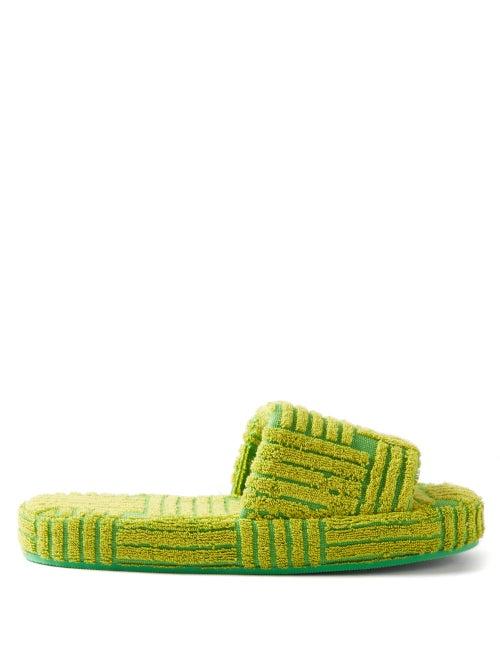 Bottega Veneta - Intrecciato-jacquard Cotton-terry Slides - Mens - Green