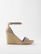 Valentino Garavani - Rockstud 105 Leather And Raffia Wedge Sandals - Womens - Beige