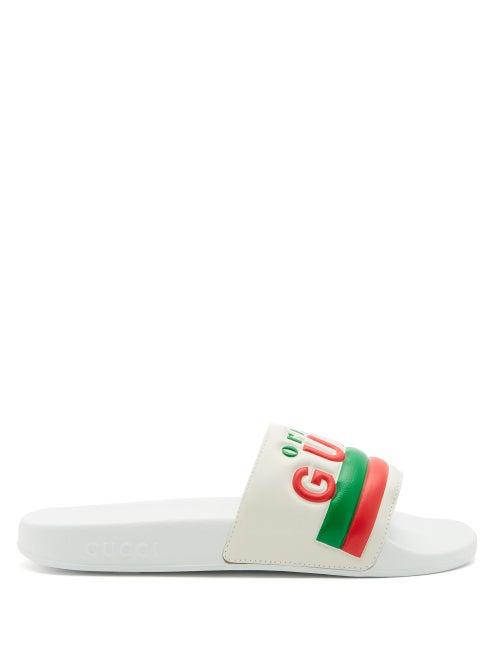 Matchesfashion.com Gucci - Original Gucci Logo Leather And Rubber Slides - Womens - White Multi