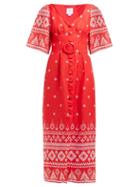Matchesfashion.com Gl Hrgel - Geometric Print Linen Midi Dress - Womens - Red Print