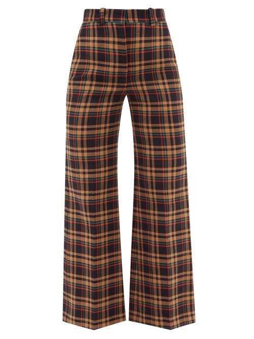 Victoria Beckham - Check-cotton Flared-leg Trousers - Womens - Navy Multi