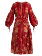 Matchesfashion.com D'ascoli - Russia Floral Print Balloon Sleeve Silk Dress - Womens - Red Print