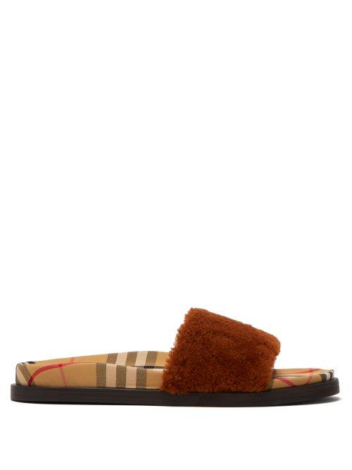 Matchesfashion.com Burberry - Shearling Vintage Check Slides - Womens - Tan Multi