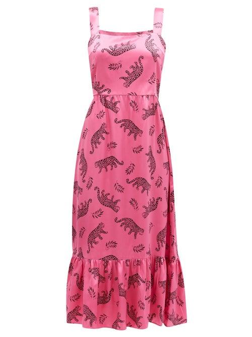 Matchesfashion.com Hvn - Olympia Leopard-print Silk-satin Dress - Womens - Pink Print