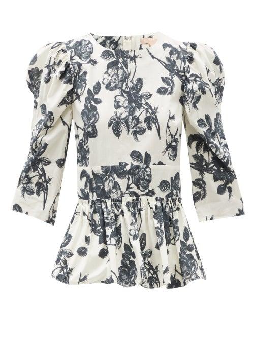 Matchesfashion.com Brock Collection - Seva Peplum-hem Floral-print Cotton-poplin Top - Womens - White Multi