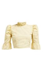 Matchesfashion.com Batsheva - Ruffled Floral Print Cotton Cropped Blouse - Womens - Yellow