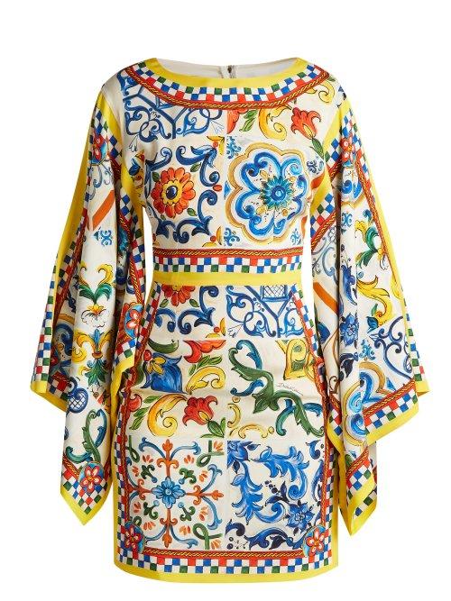 Matchesfashion.com Dolce & Gabbana - Majolica Print Silk Blend Charmeuse Dress - Womens - White Print