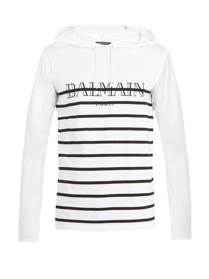 Balmain Striped-logo Hooded Cotton Sweatshirt