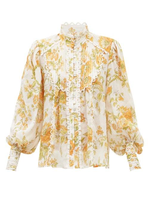 Ale Mais - Songbird High-neck Floral-print Ramie Blouse - Womens - Floral