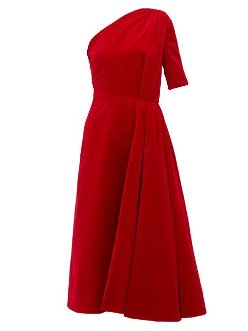 Matchesfashion.com Emilia Wickstead - Jenna One Shoulder Cotton Velvet Midi Dress - Womens - Red