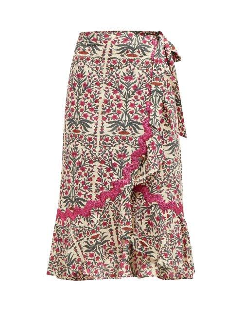 Matchesfashion.com Juliet Dunn - Floral Print Cotton Wrap Midi Skirt - Womens - Dark Pink