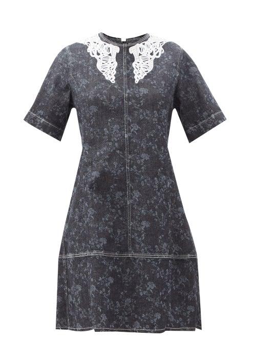 Matchesfashion.com Chlo - Lace-collar Floral-print Denim Mini Dress - Womens - Grey
