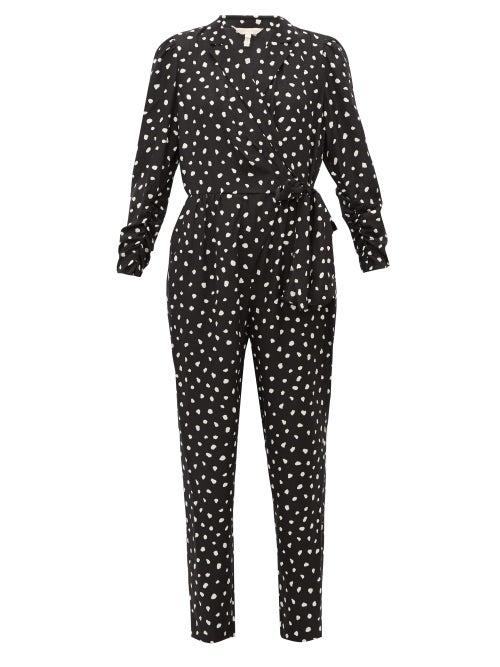 Matchesfashion.com Rebecca Taylor - Dot Print Wrap Around Silk Blend Jacquard Jumpsuit - Womens - Black White