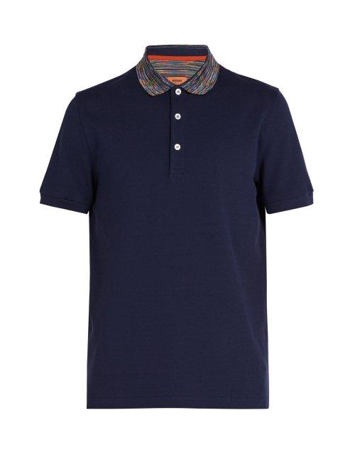 Matchesfashion.com Missoni - Striped Collar Cotton Piqu Polo Shirt - Mens - Navy