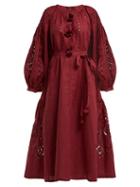 Matchesfashion.com Vita Kin - Cherry Blossoms Broderie Anglaise Linen Dress - Womens - Burgundy Multi