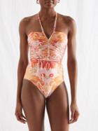 Zimmermann - Ruched Floral-print Halterneck Swimsuit - Womens - Coral Multi