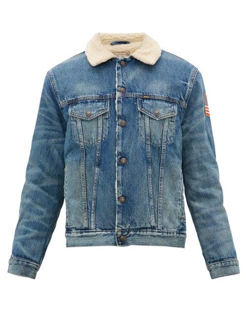 Matchesfashion.com Polo Ralph Lauren - Flag Patch Faux Shearling Denim Jacket - Mens - Blue