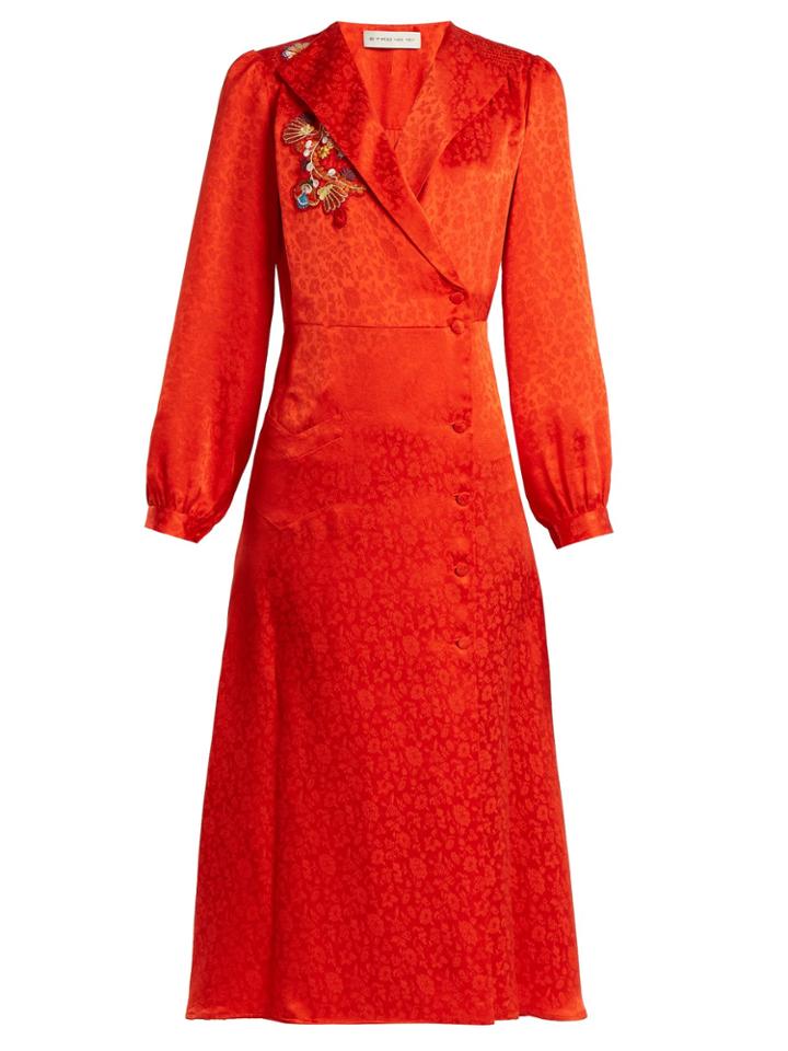 Etro Plutone Floral-embroidered Button-down Satin Dress