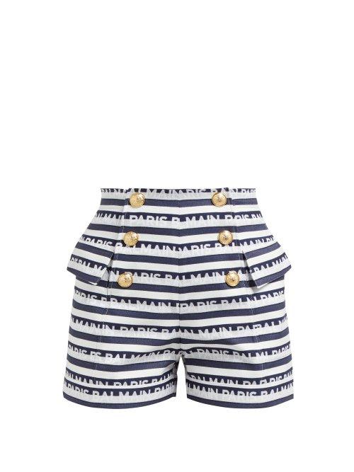Matchesfashion.com Balmain - Logo Striped Cotton Shorts - Womens - Navy White