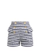 Matchesfashion.com Balmain - Logo Striped Cotton Shorts - Womens - Navy White