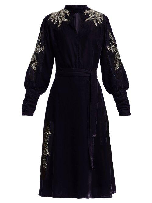 Matchesfashion.com Dodo Bar Or - Josephine Embellished Velvet Midi Dress - Womens - Navy